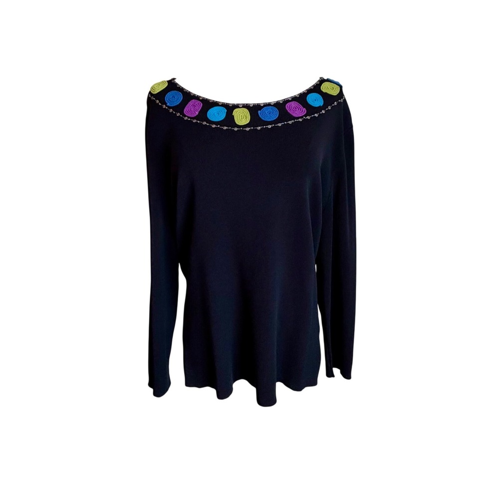 Ruby Rd Womens XL Black‎ Knit Top Embellished Spiral Neckline Long Sleeve NWT
